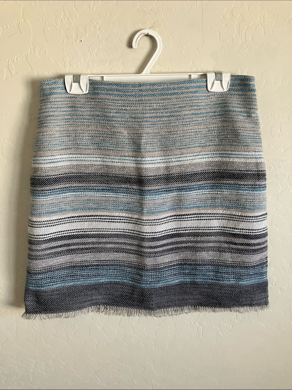 LOFT Ann Taylor Womens 12 Skirt Blue Gray Woven Knee Length Lined Fringe Hem